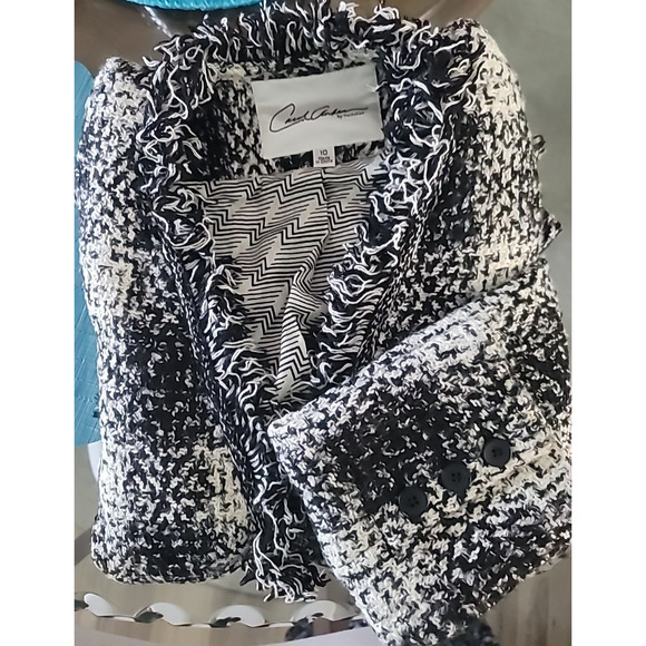 Carol Anderson by Invitation Blazer Jacket Sz 10 Black White Plaid Tweed Fringe - Picture 3 of 16
